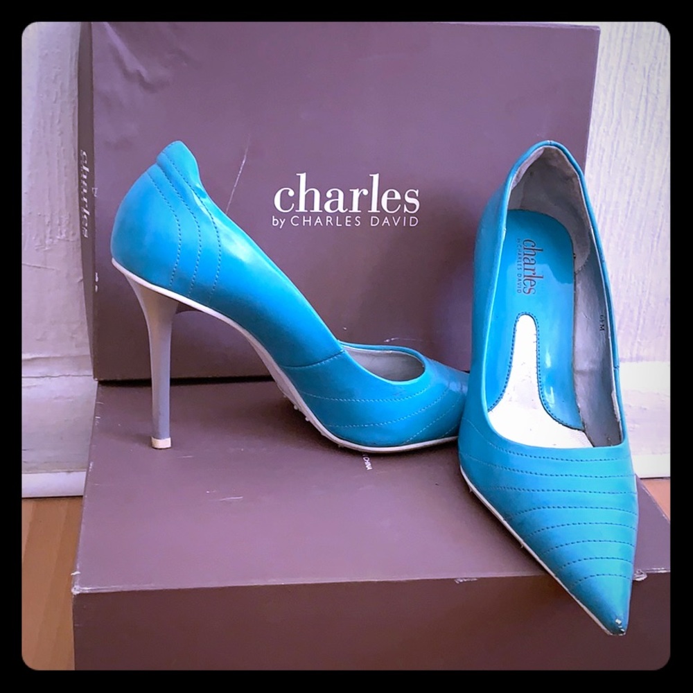 [Charles David] Turquoise, White, Silver Heels